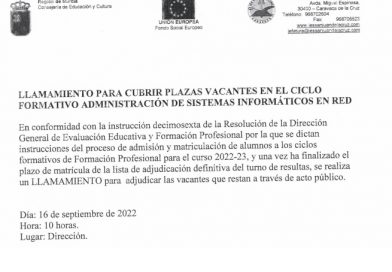 LLAMAMIENTO PARA CUBRIR PLAZAS VACANTES EN EL CICLO FORMATIVO ADMINISTRACIÓN DE SISTEMAS INFORMÁTICOS EN RED.