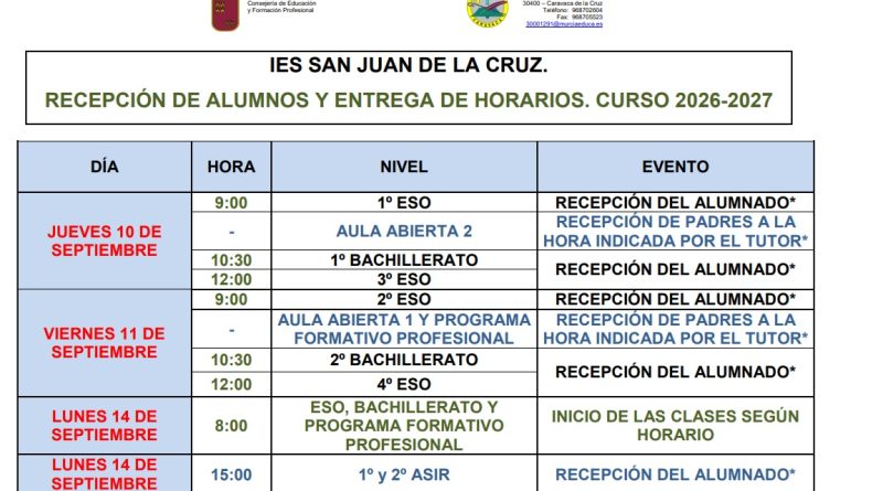 RECEPCIÓN DE ALUMNOS CURSO 2026-2027